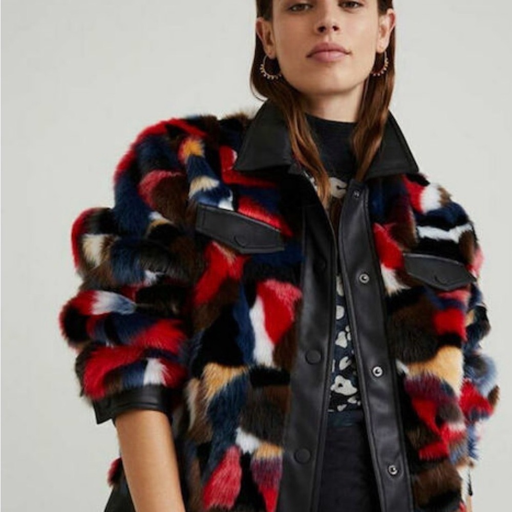 Desigual Multicolor Faux-Fur Jacket with Leather Trim - Picture 2 of 5